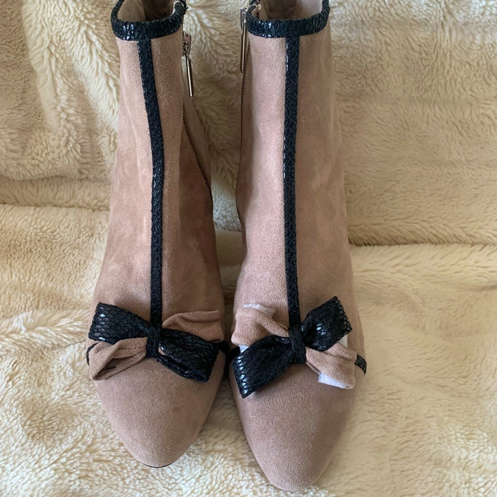 Karl Lagerfeld Taupe Suede Ankle Boots with Black Trim and Bow